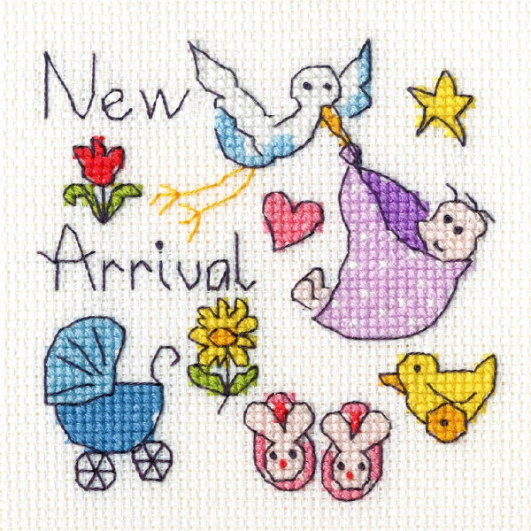A cross stitch pattern to celebrate the birth of a baby, also called Embroidery Pack by Bothy Threads, features a blue stork carrying a baby wrapped in a purple blanket, a blue baby carriage, a red heart, a yellow star, a yellow duck, red and yellow flowers, pink baby shoes and the words New Arrival embroidered in black.