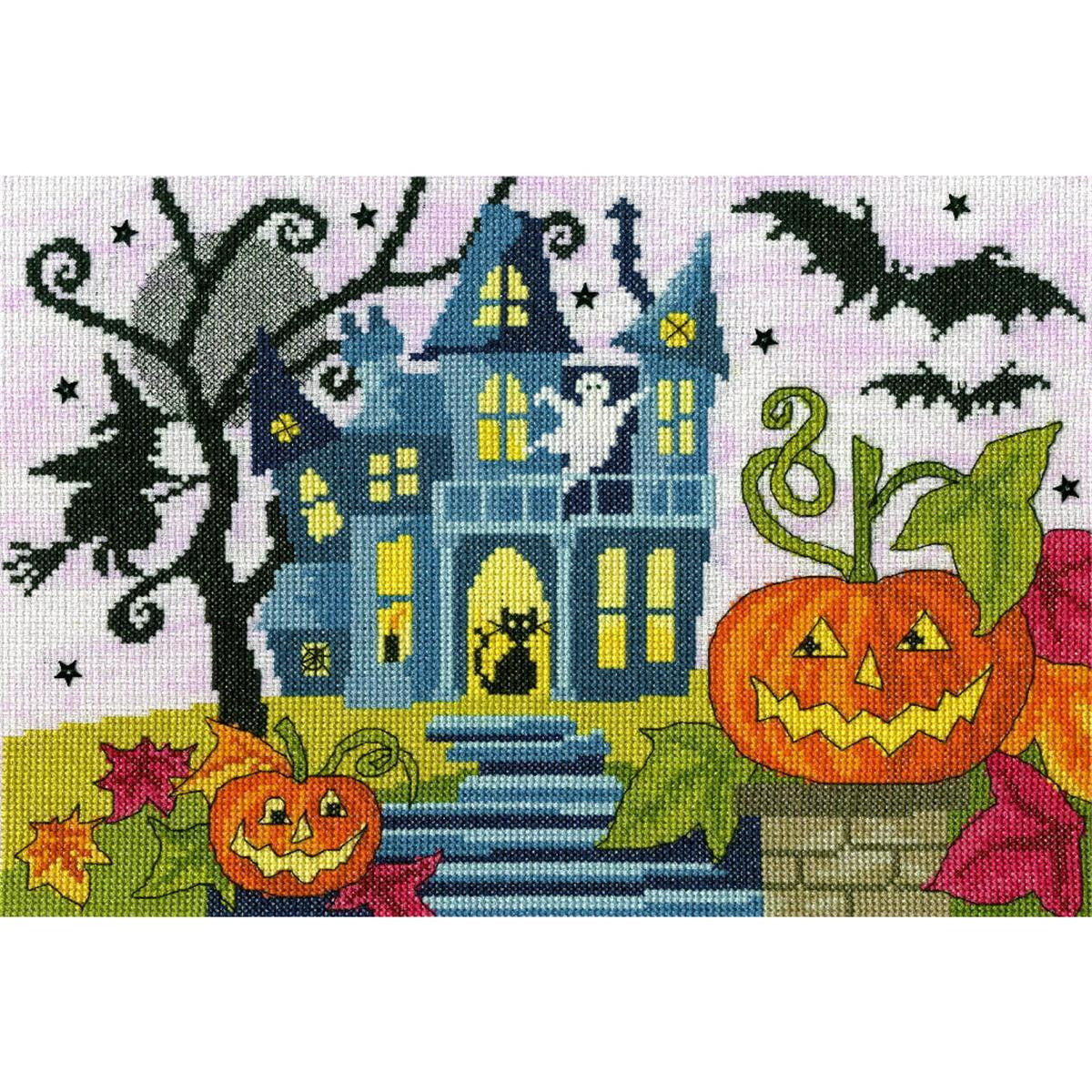 A colorful embroidery design features a spooky Halloween...