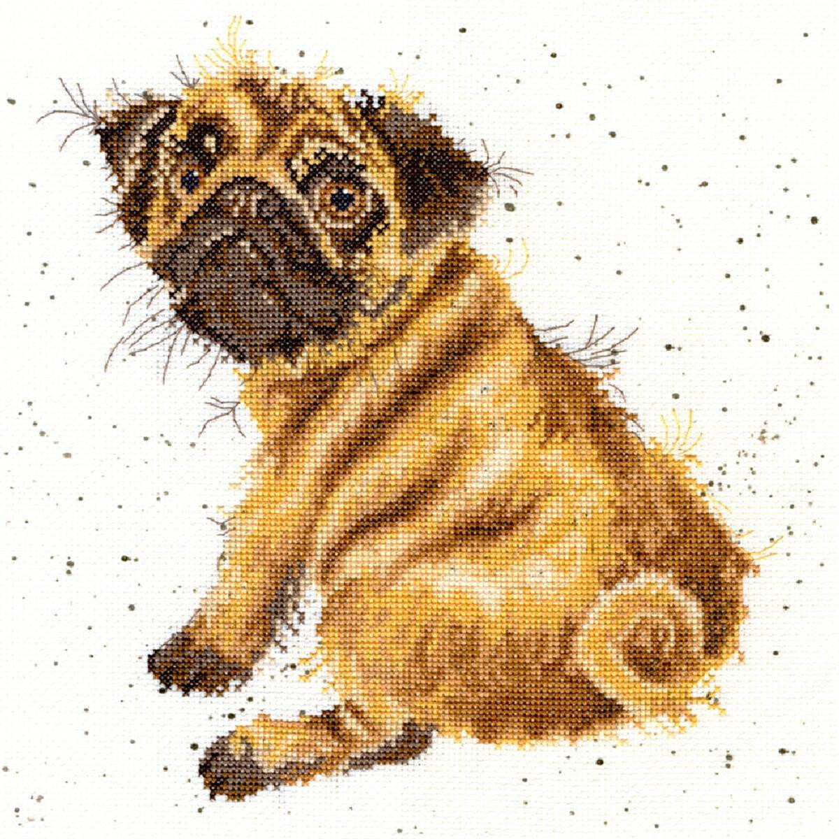 Cross stitch picture of a pug sitting with his back to...