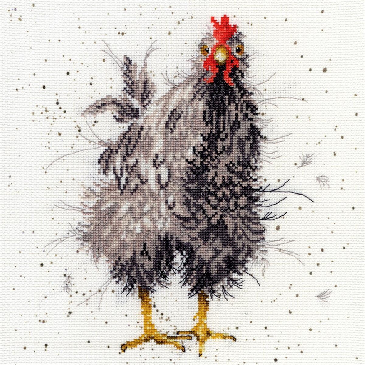 A detailed embroidered picture of a fluffy gray chicken...