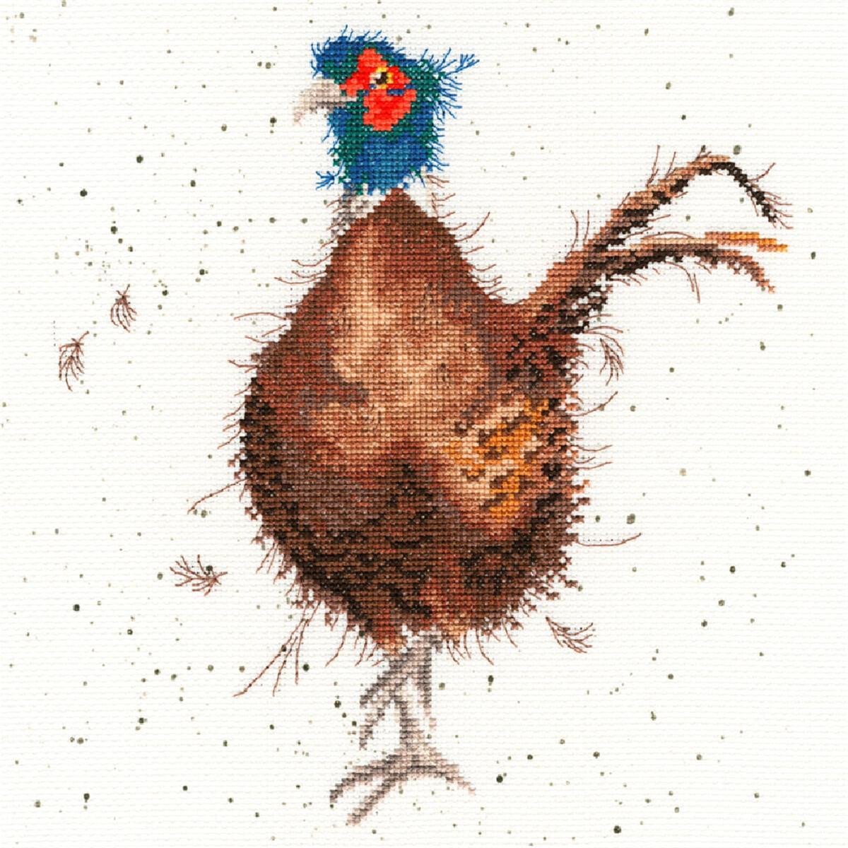 An embroidery pack of a whimsical, colorful chicken with...