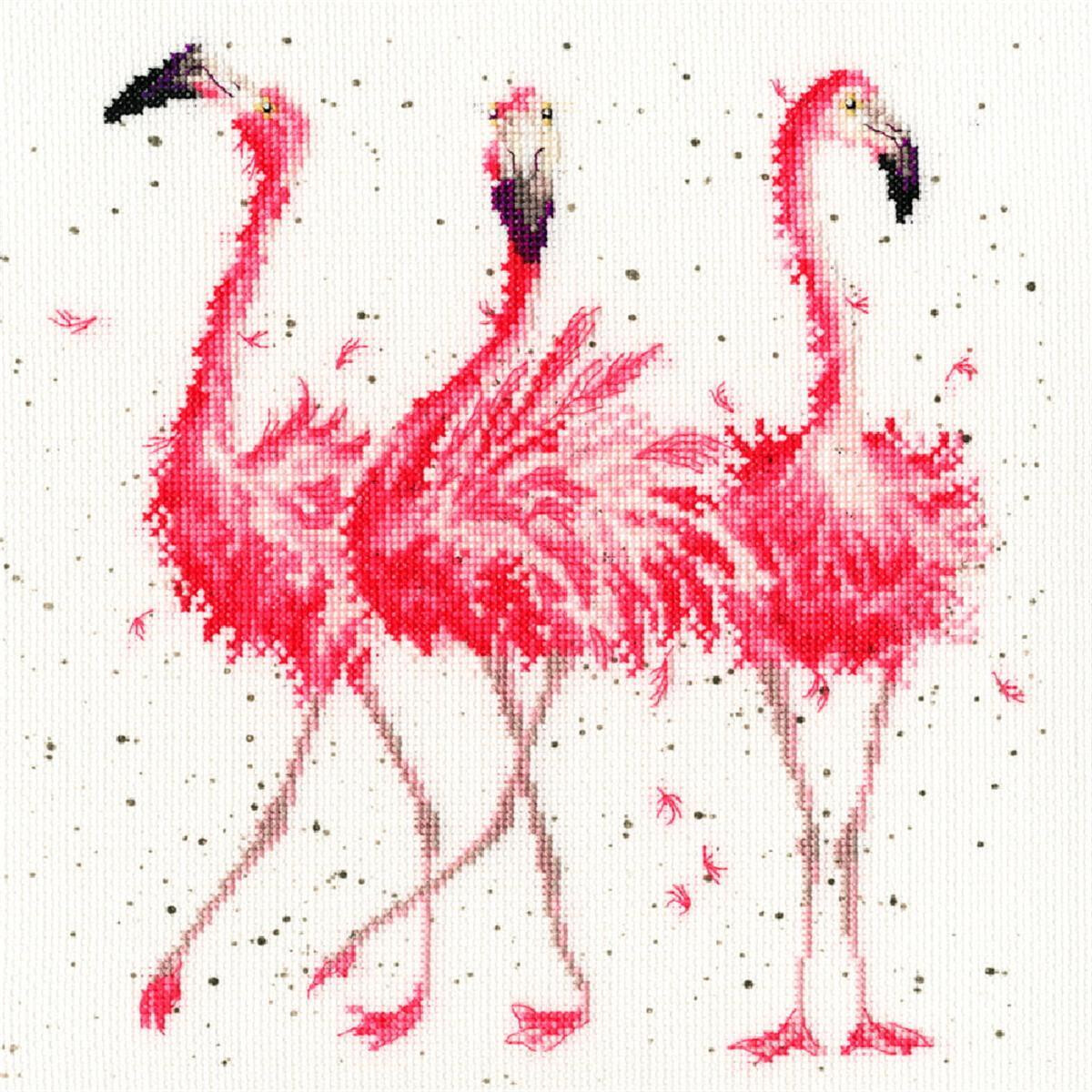 Three abstract, bright pink flamingos stand close...