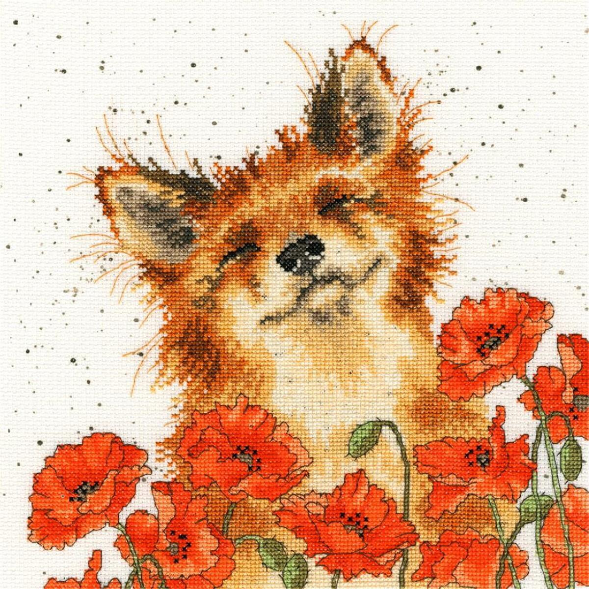 Embroidery pack with a contented fox with closed eyes and...
