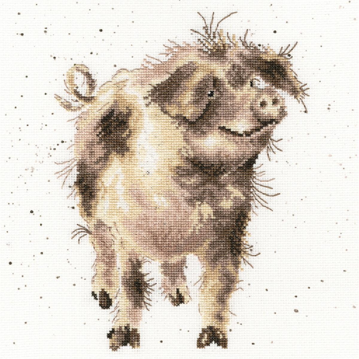 Embroidery of a pig made of brown and beige threads...