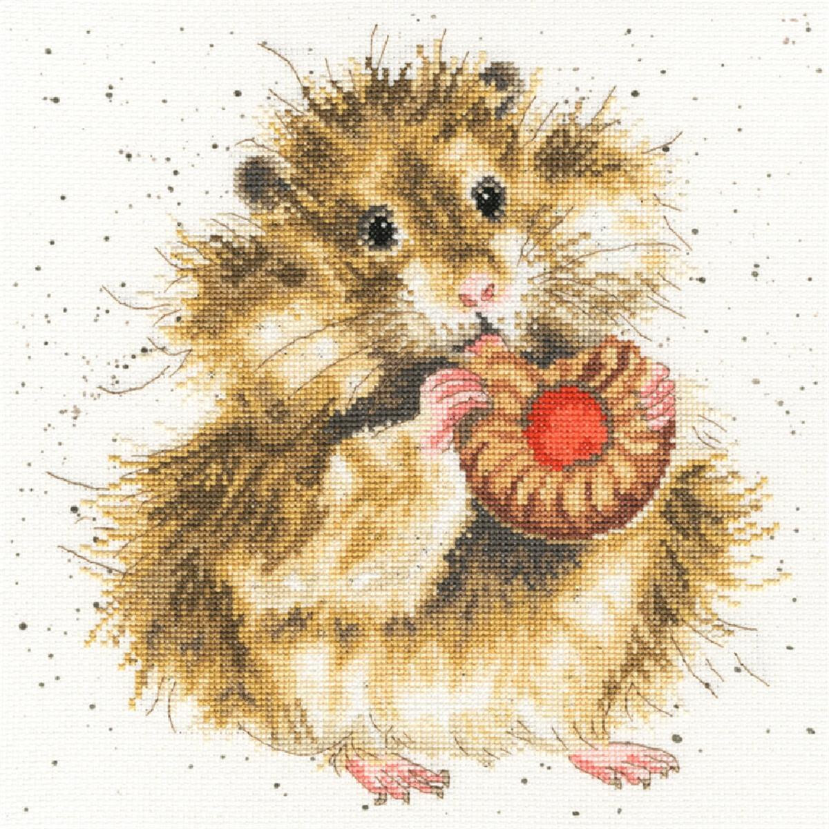 A detailed cross stitch embroidered picture of a fluffy...