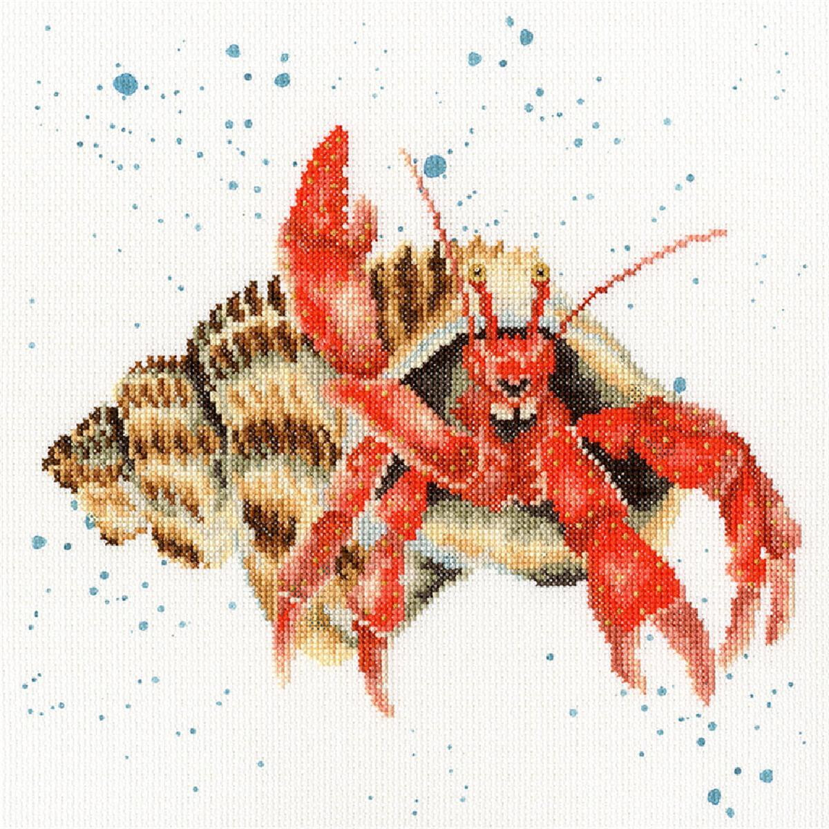 A detailed cross stitch of a bright red hermit crab...