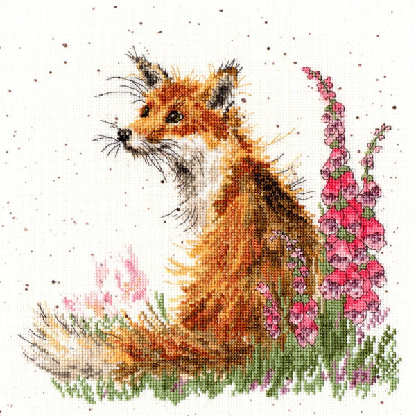 A cross stitch pattern from Bothy Threads embroidery kit shows a fox sitting upright with its head turned to the right. The fox is surrounded by pink and red flowers and green grass. The embroidery design features detailed stitching with shades of orange, brown and white for the fox and bright colors for the foliage.