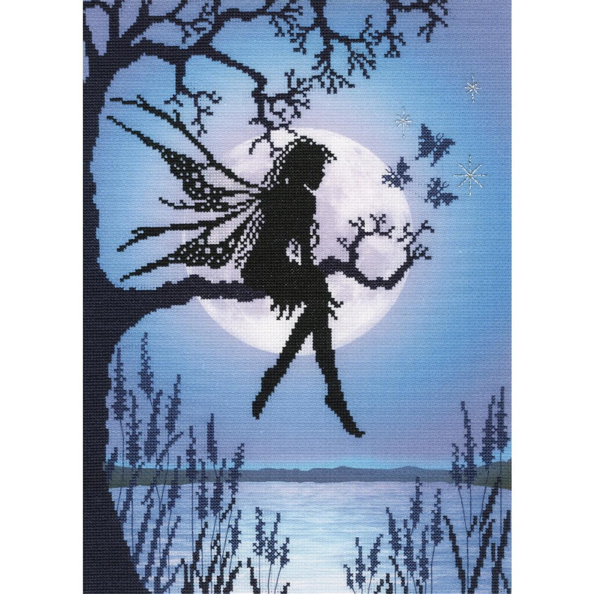A fairy with wings sits as a silhouette on a branch in...