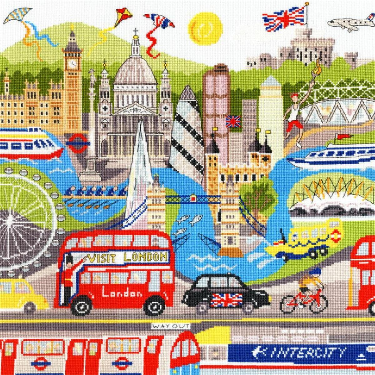 An illustrated collage of London, including landmarks...