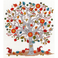 A vibrant cross stitch illustration or cross stitch embroidery of a tree with a strong gray trunk and wide spreading branches. The tree is decorated with colorful leaves in shades of red, orange, yellow, green and blue. Underneath, two red squirrels sit among fallen leaves, mushrooms and hearts, adding a whimsical touch to the scene. This enchanting scene can be created using the Bothy Threads embroidery kit.