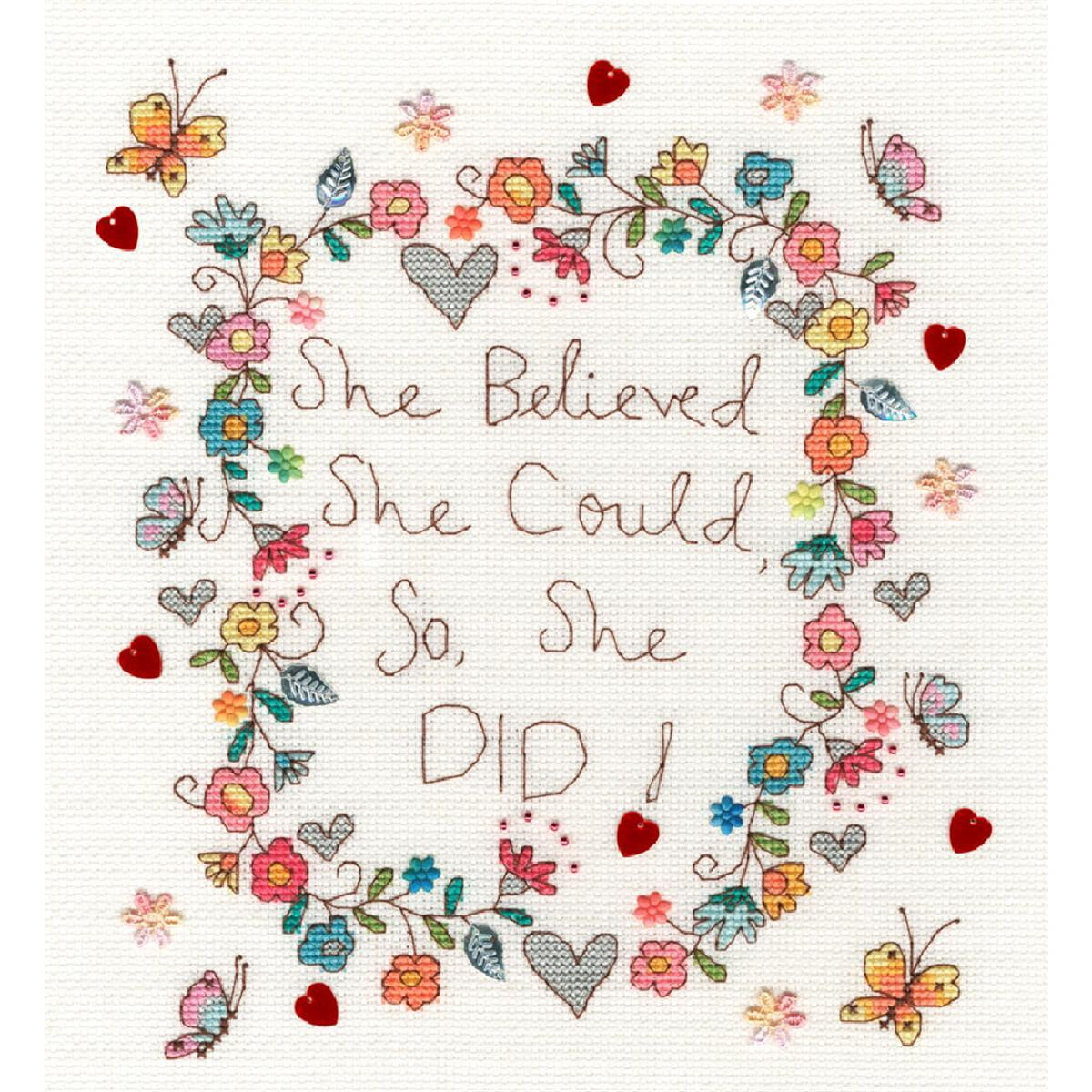 An embroidered design features the phrase She thought she...