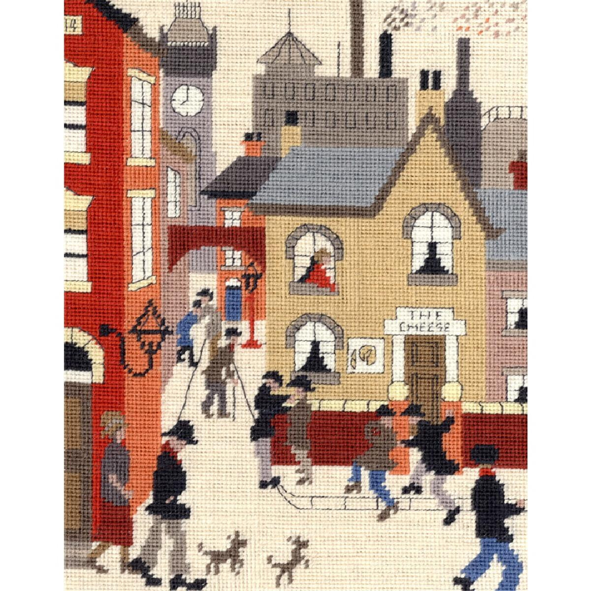 A picturesque street scene in a charming embroidery pack...