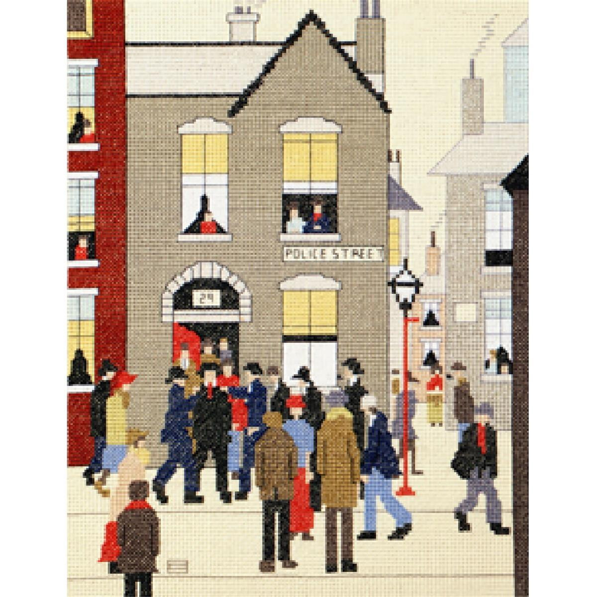 An embroidery shows a busy street scene. In the center is...