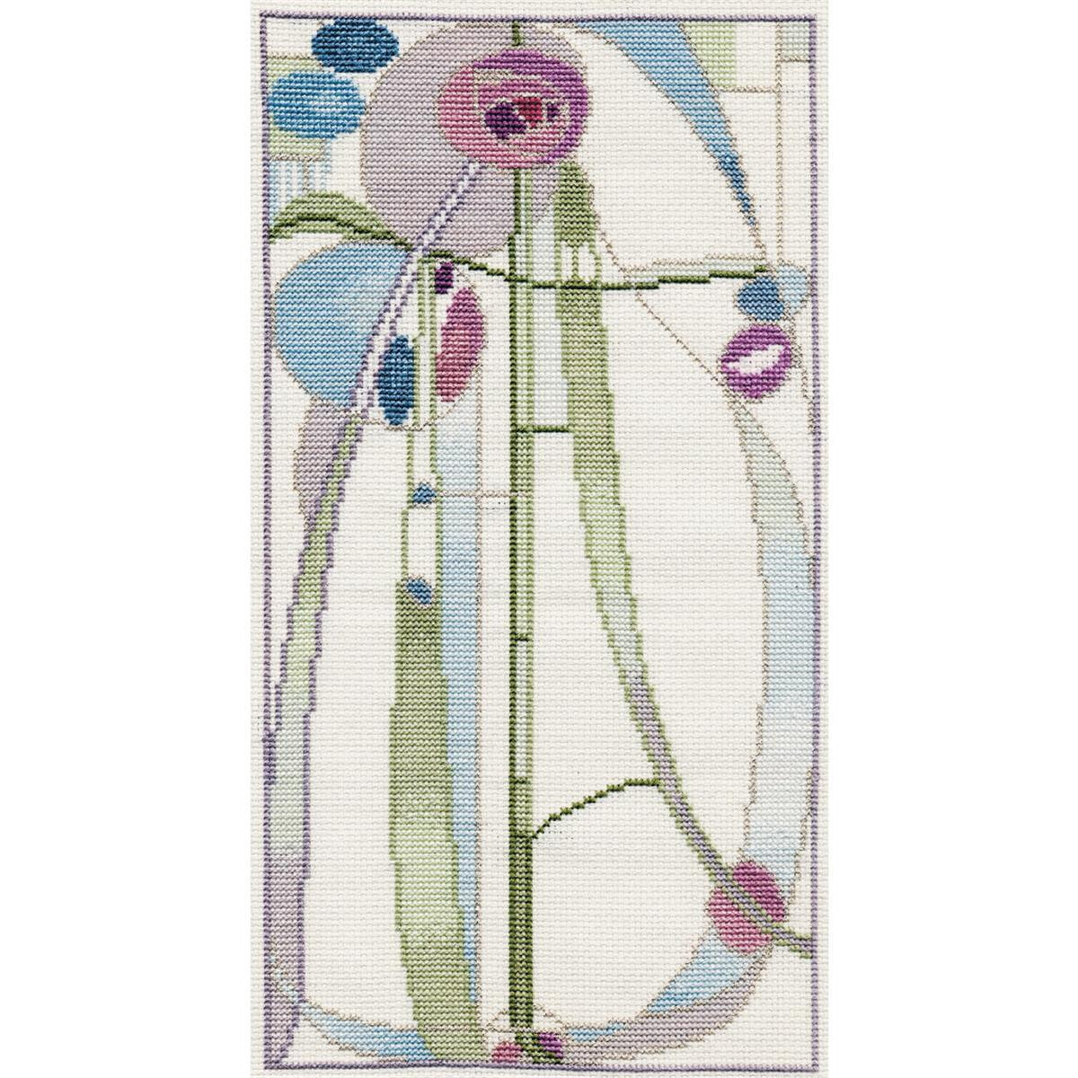 A vertical, rectangular tapestry with an abstract floral...