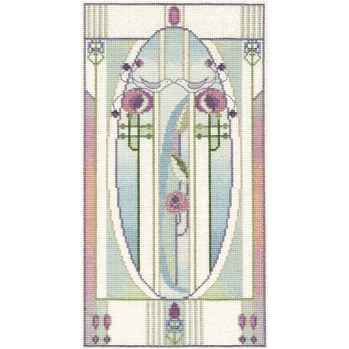 A symmetrical, rectangular stained glass window design...