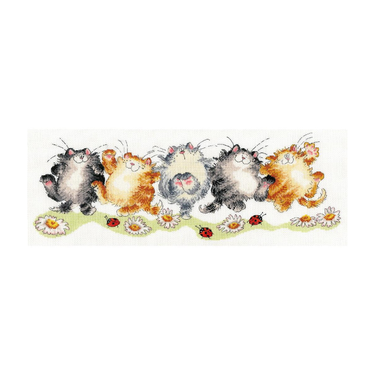 A colorful cross stitch design features five cute cats in...