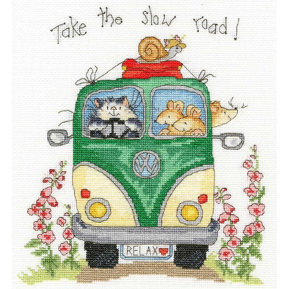 A whimsical embroidery pack illustration of a green and...