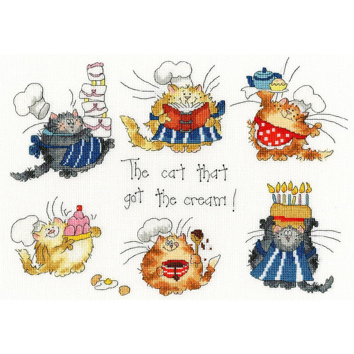 An illustration of six chubby cats dressed as chefs, each...