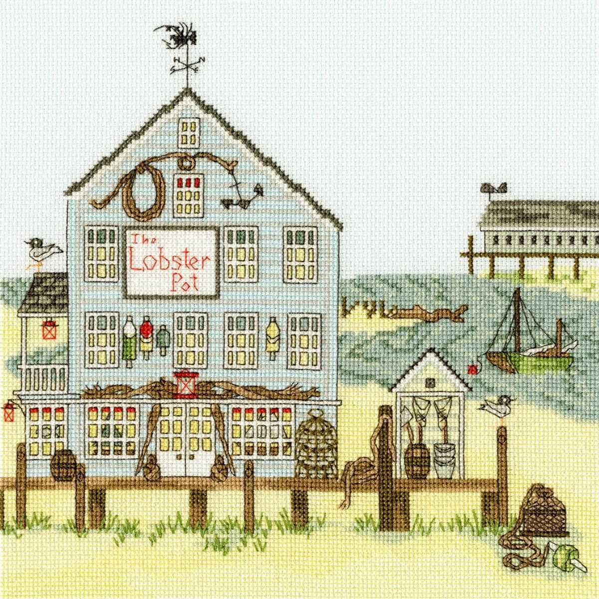 An embroidery pack of a coastal scene with The Lobster...