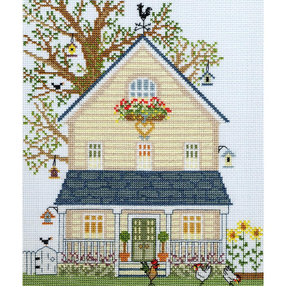 An embroidery pack of a two-storey yellow house with a...
