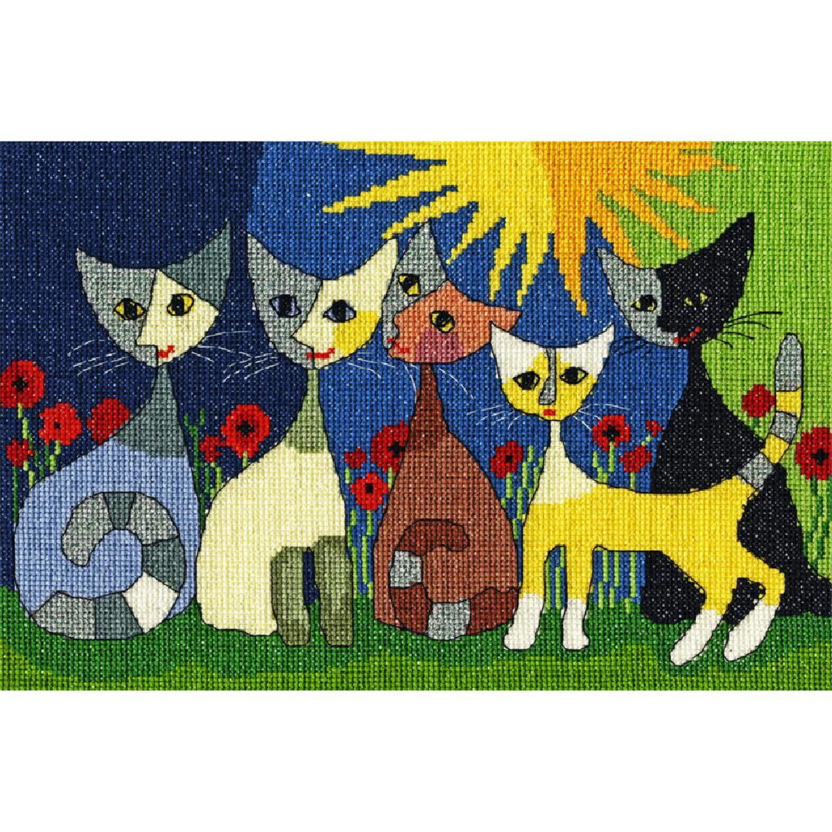 A vibrant work of art shows five stylized, colourful cats...
