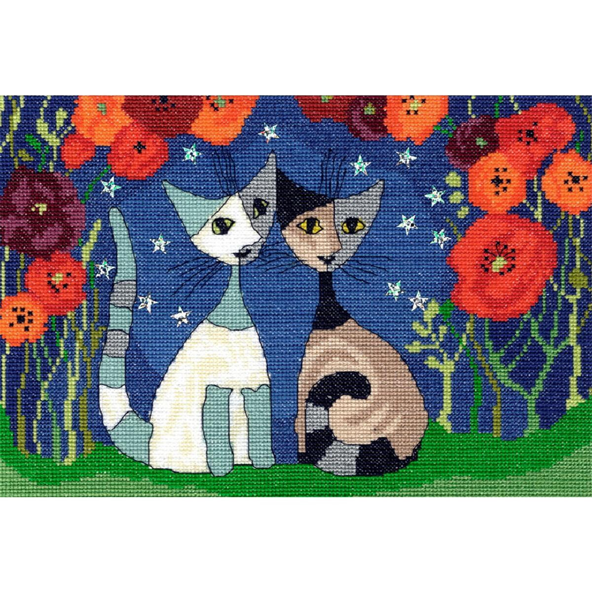 Un dipinto colorato e stravagante di due gatti seduti...