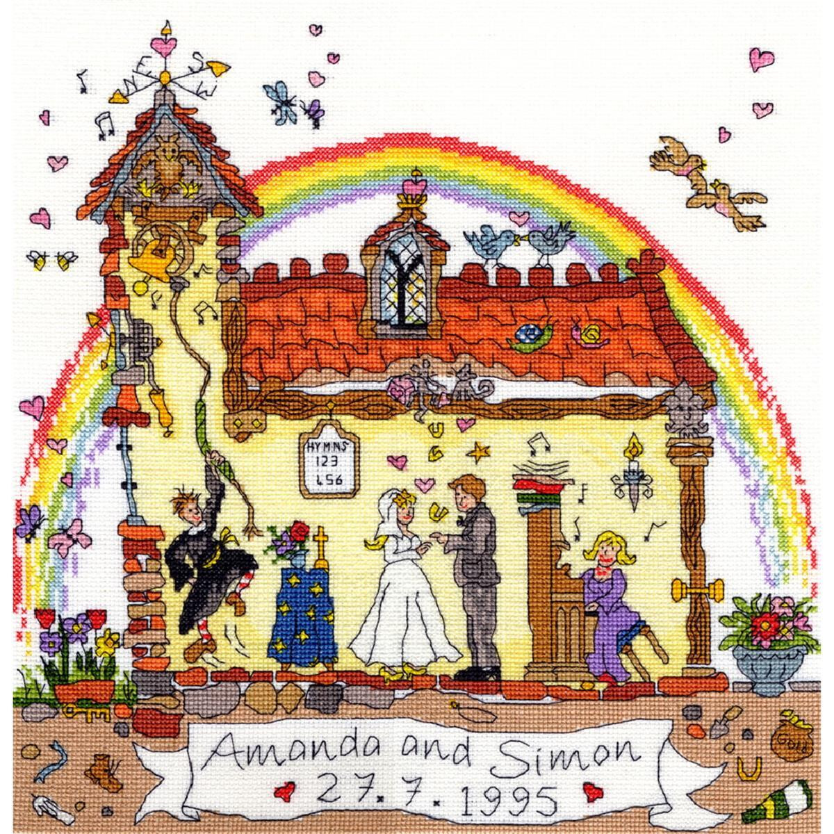 Cross-stitched picture of a wedding scene in a small...