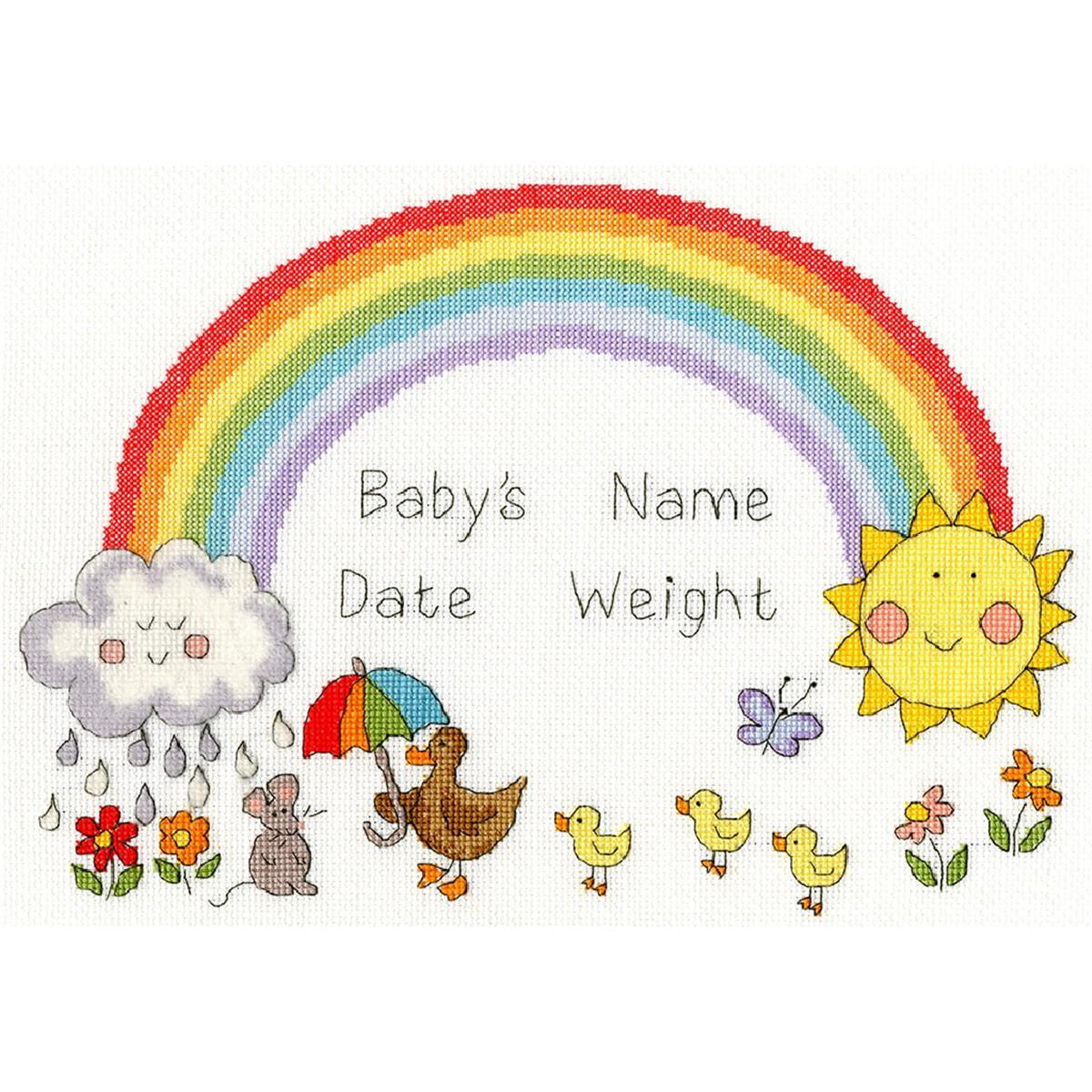 A cheerful embroidery design features a colorful rainbow...
