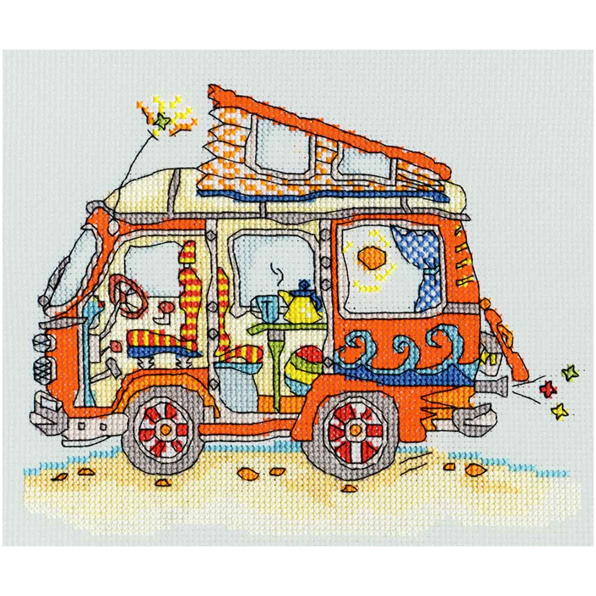 An embroidered embroidery pack of a colorful camper van...