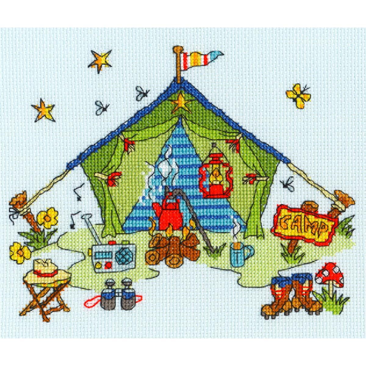 A colorful embroidery illustration of a camping scene...