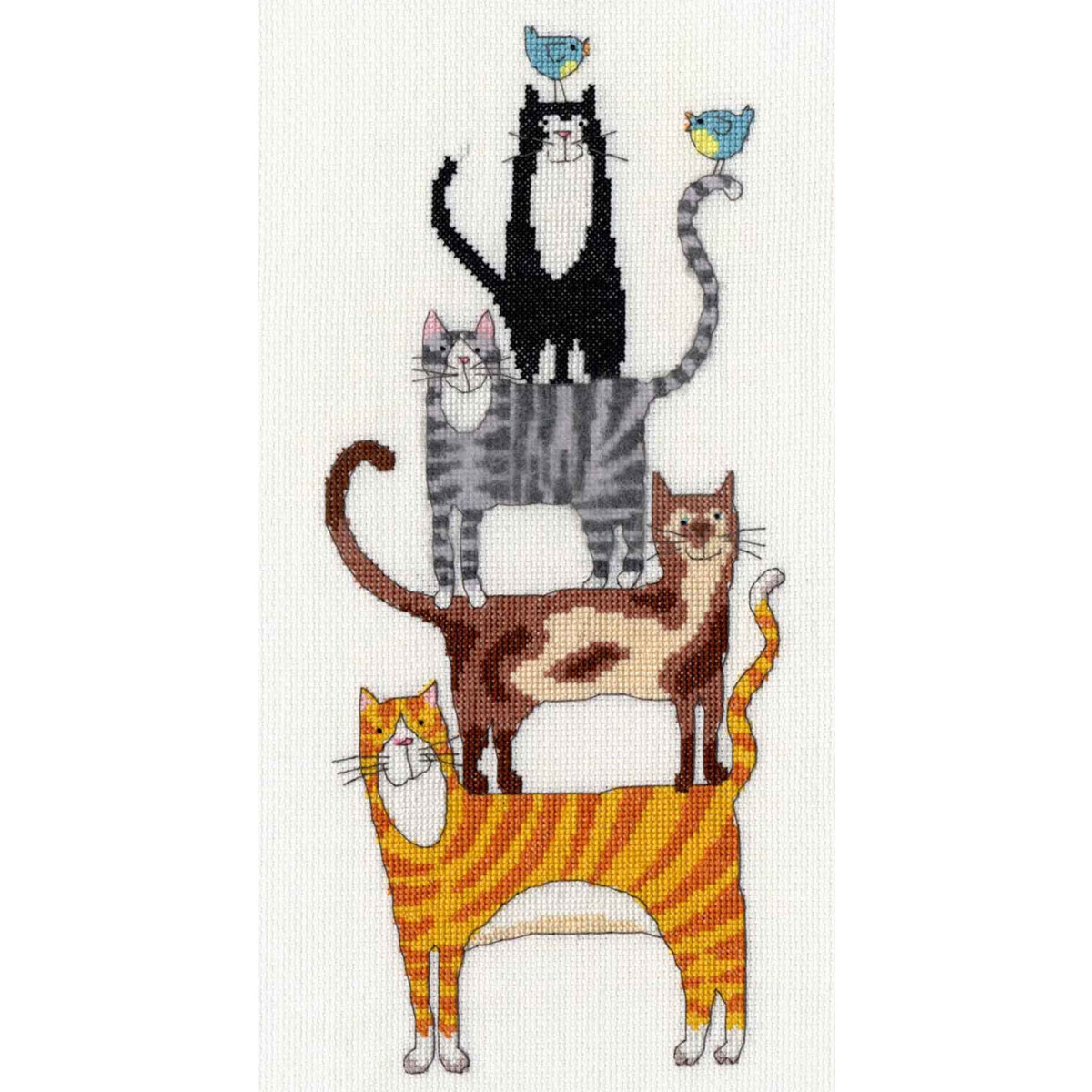 Four cats are stacked in a vertical row, each standing on...