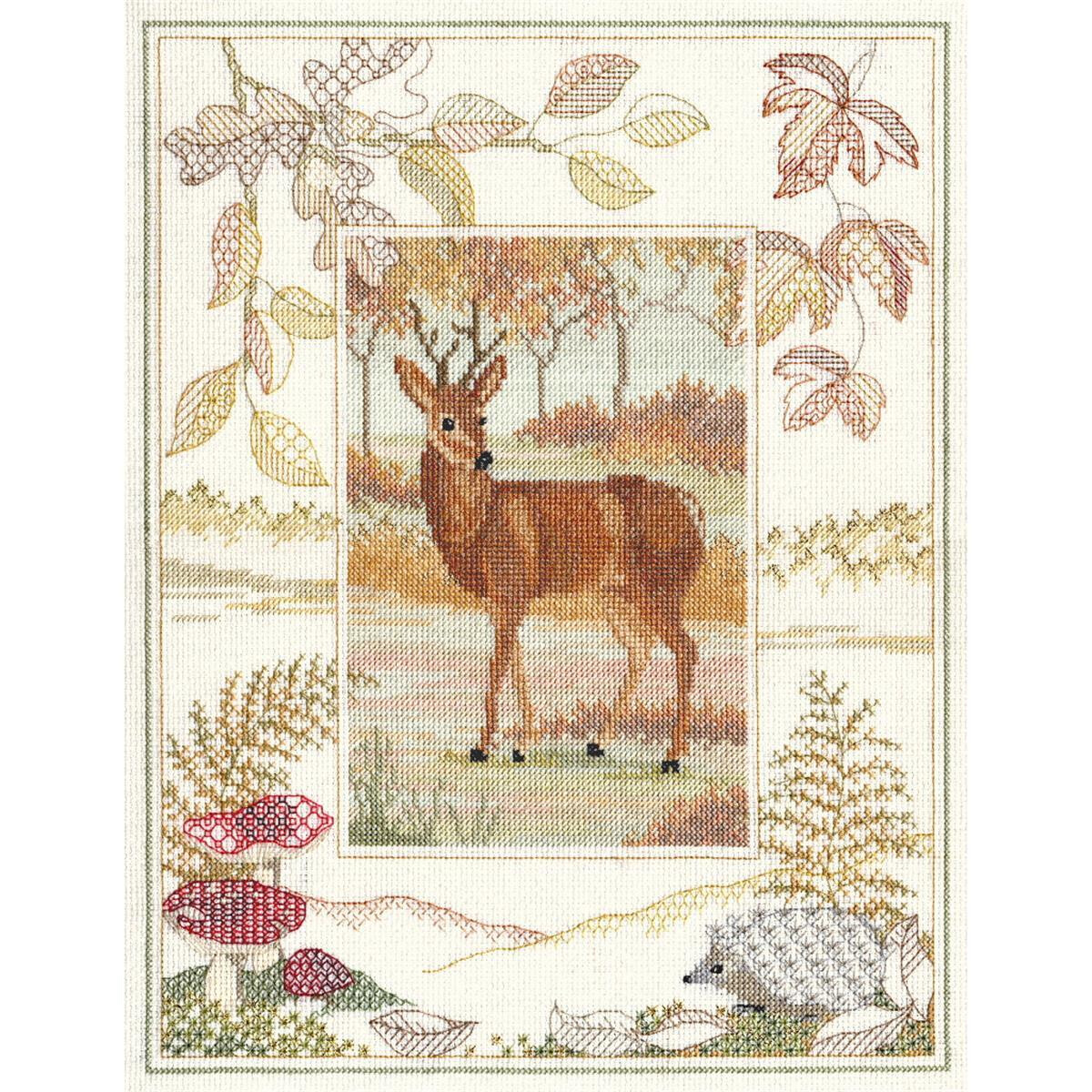 An embroidered Bothy Threads embroidery pack shows a stag...