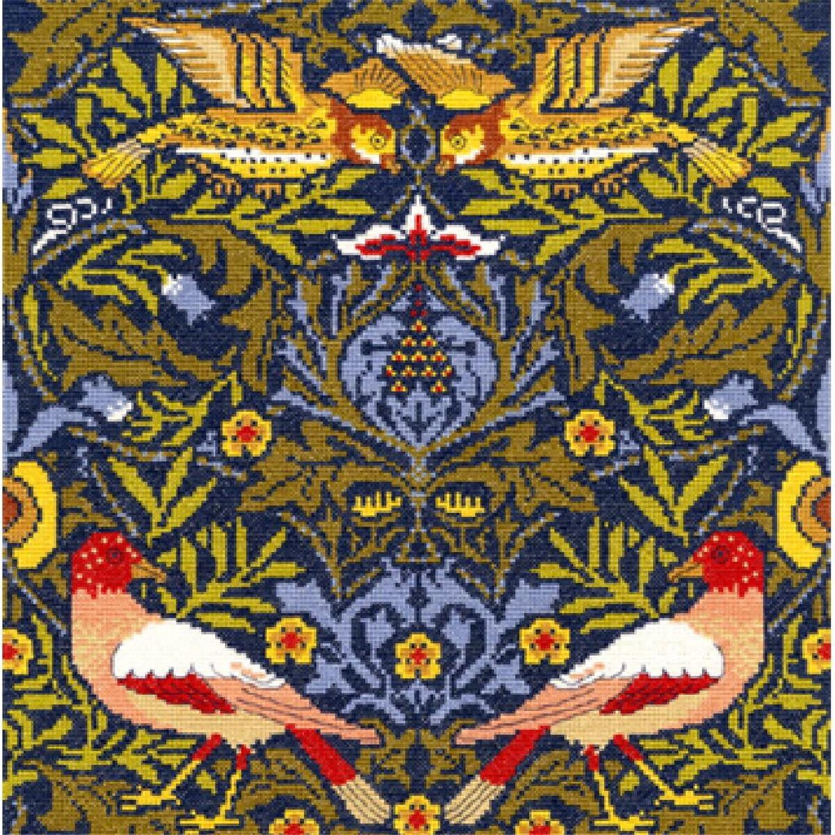 A symmetrical textile design features bright yellow hawks...