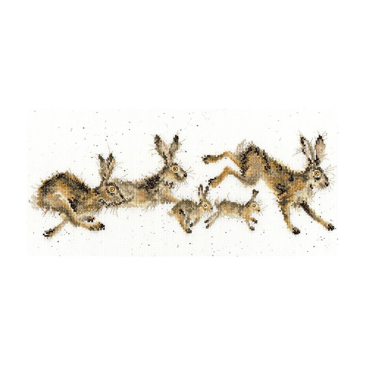 A hand-drawn image shows five rabbits in various dynamic...