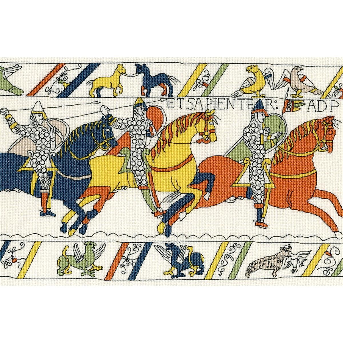 A section of the Bayeux Tapestry with knights on...