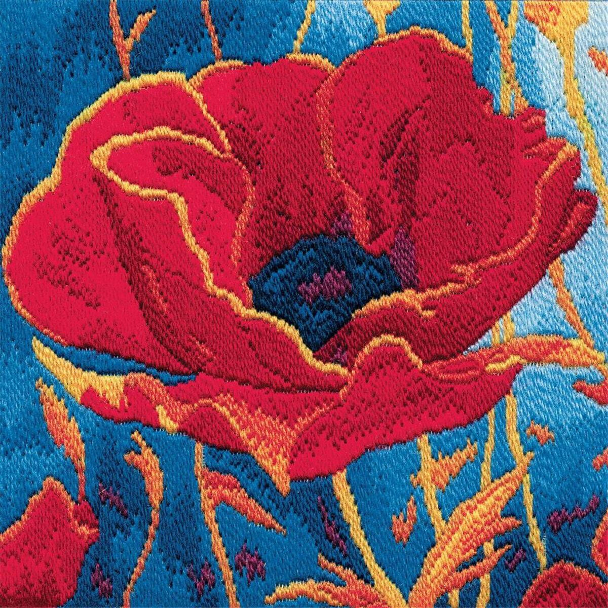 A colorful close-up of an embroidered red poppy with...