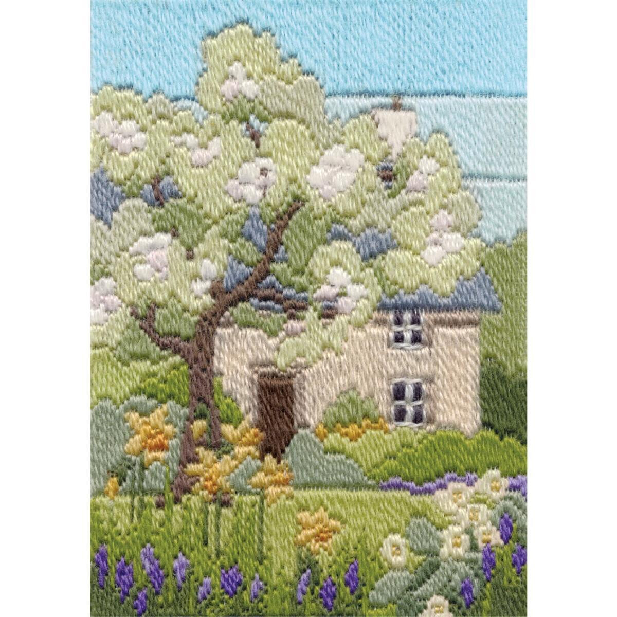 An embroidered scene in the Bothy Threads embroidery pack...