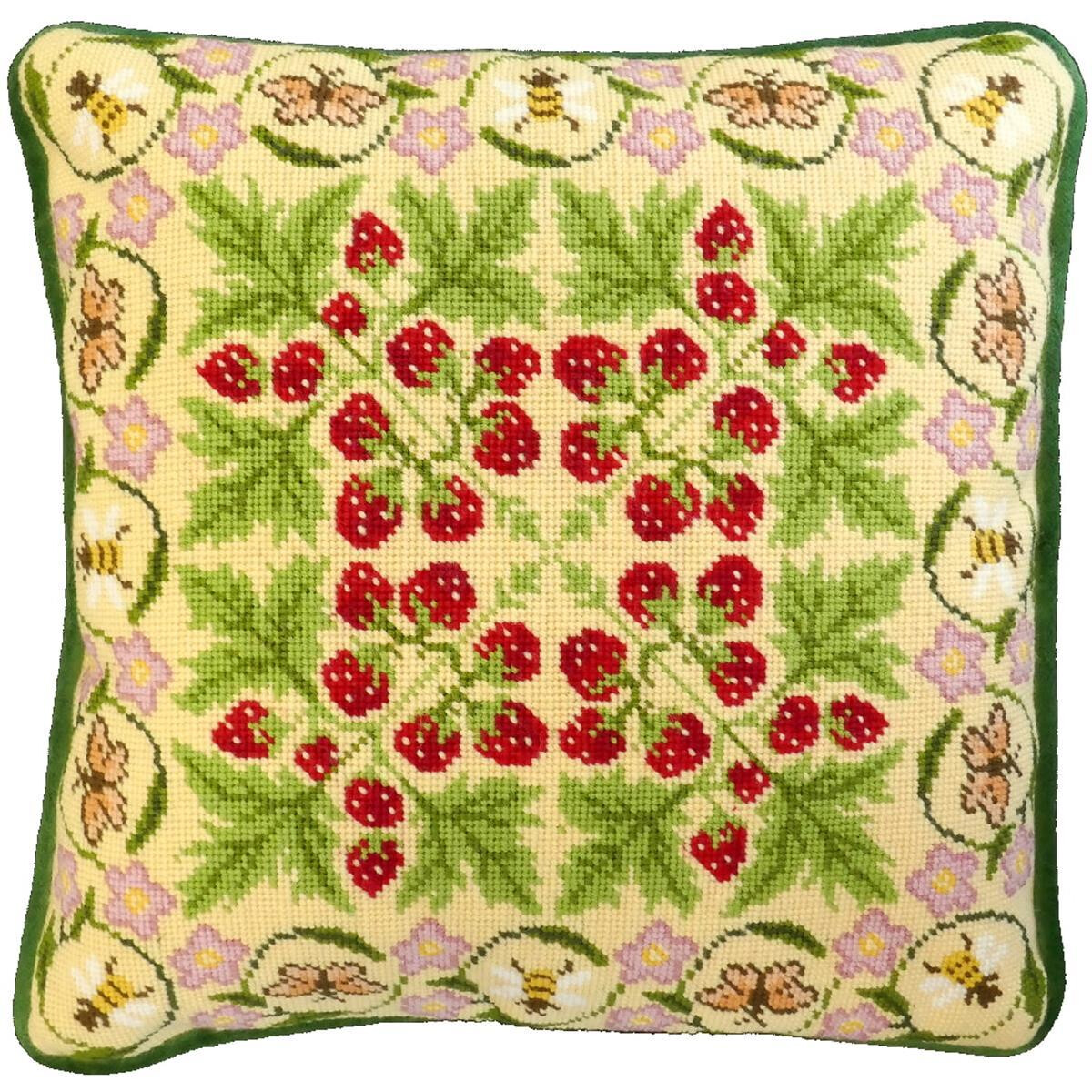 Square cushion with a decorative needlepoint pattern with...