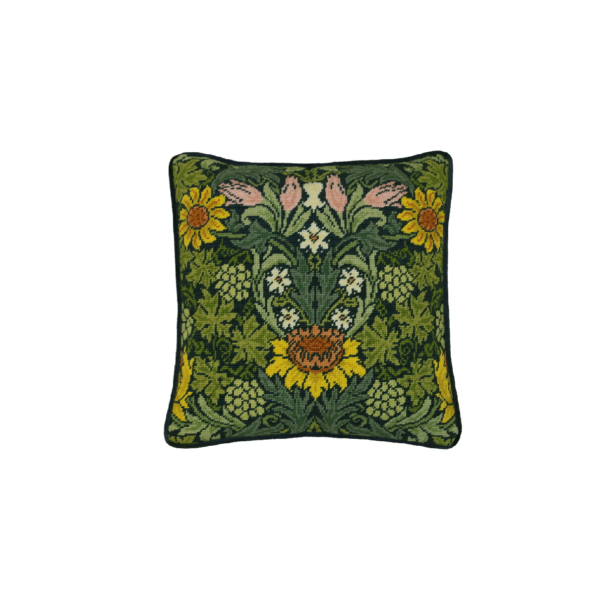 Square decorative cushion with an intricate cross-stitch...