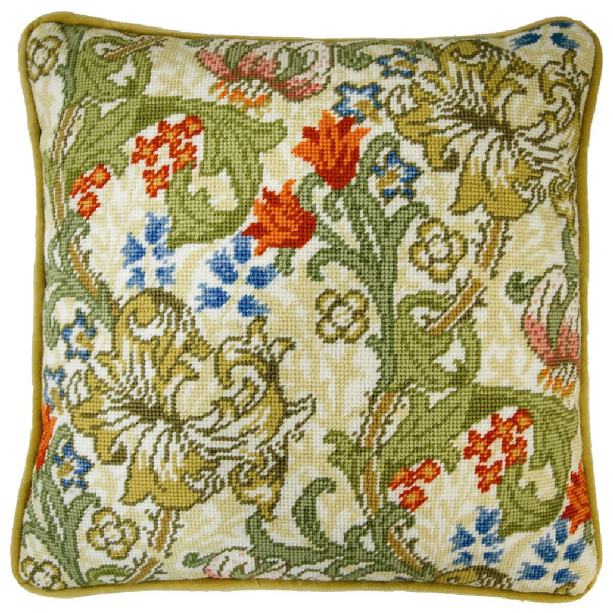 A square cushion with a colorful, intricate tapestry...