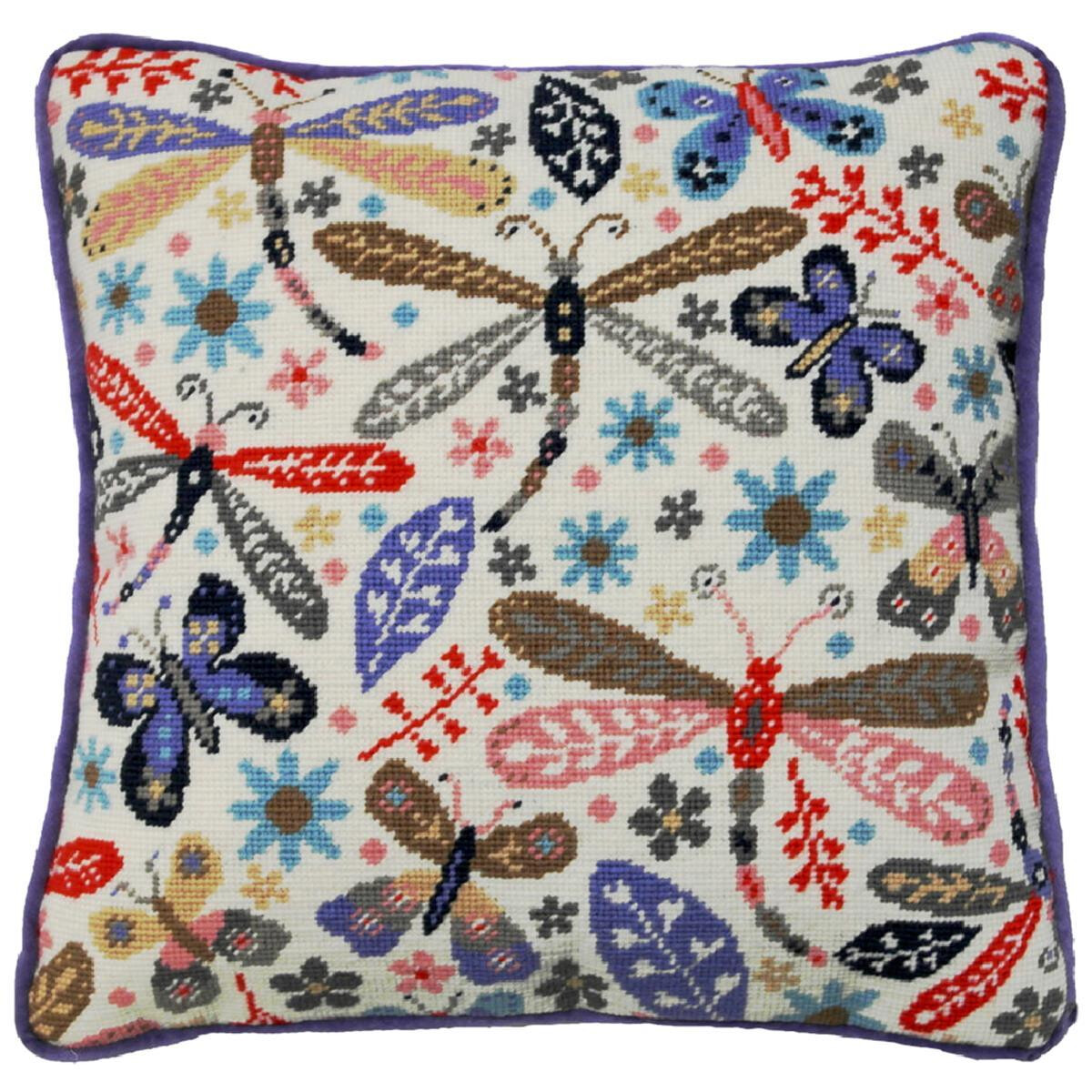 A square cushion with a colorful, detailed embroidery...