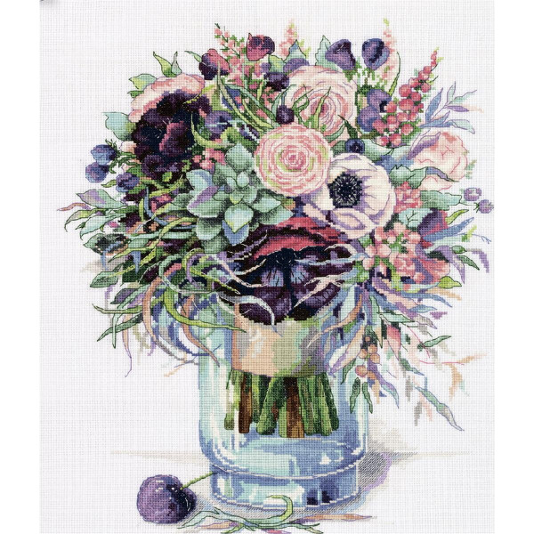 Set punto croce Panna "Bouquet di fiori con anemoni", schema da contare, 31x37,5cm