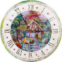 Набор для вышивания гладью Panna настенные часы "Домики", дизайн вышивки предварительно нарисован, 25,5x25,5см