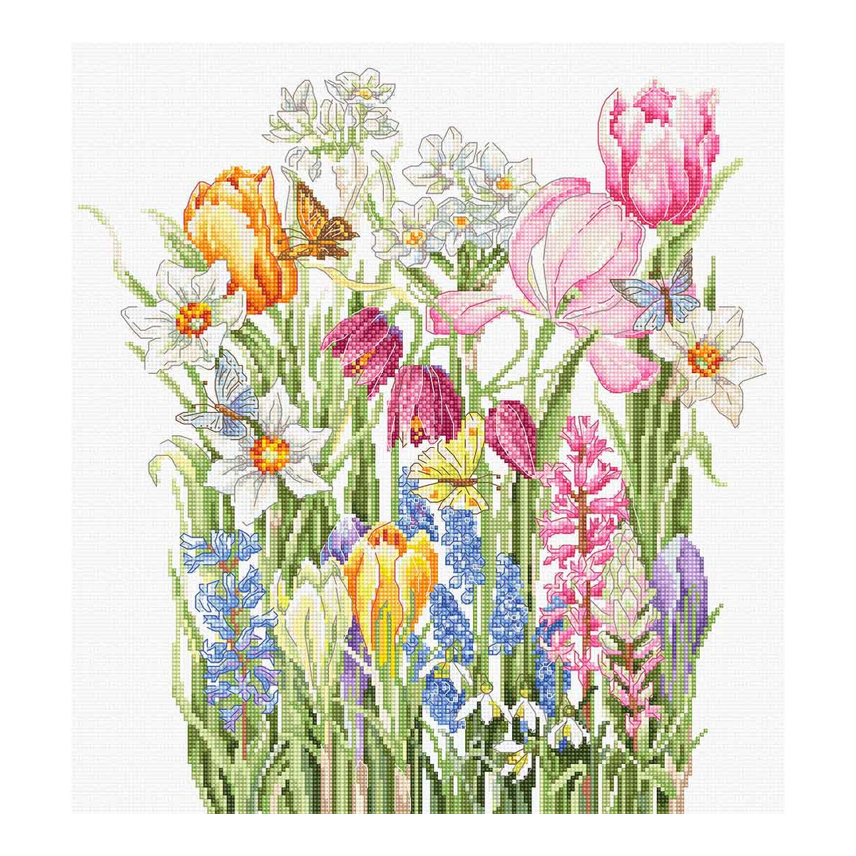 A vibrant cross stitch design features a row of blooming...