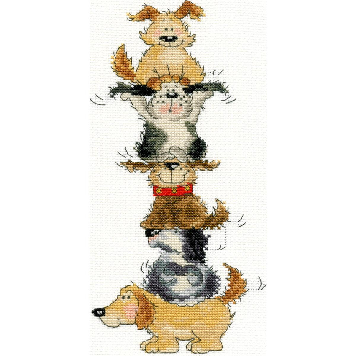 Illustration of five cartoon dogs standing on top of each...