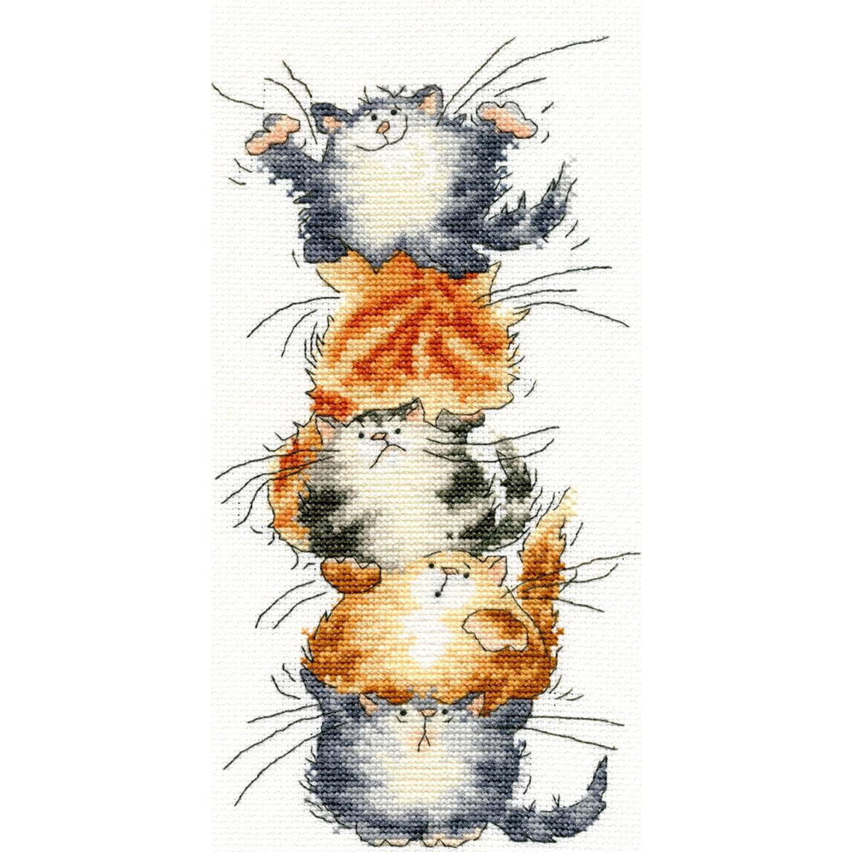 Four cartoon cats are stacked vertically in a whimsical,...