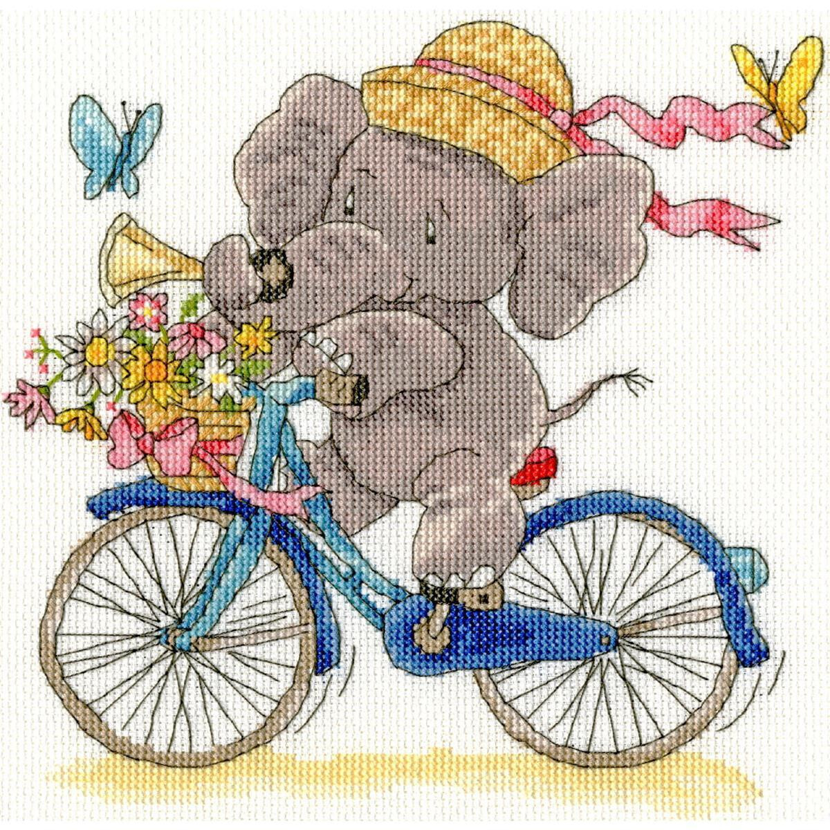 An illustration of a cheerful gray elephant riding a blue...