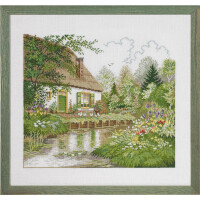 Eva Rosenstand counted cross stitch kit "House and woodland lake" Linen, 52x49cm, DIY