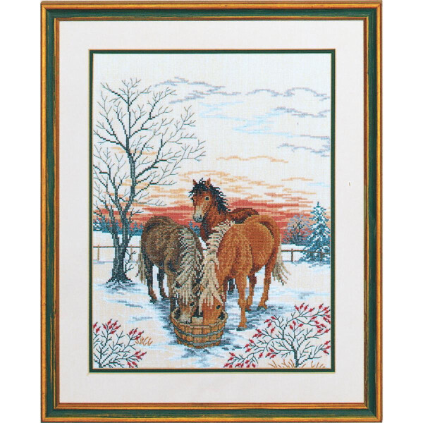 Set punto croce Eva Rosenstand "Cavalli nella neve", schema di conteggio, 40x50cm