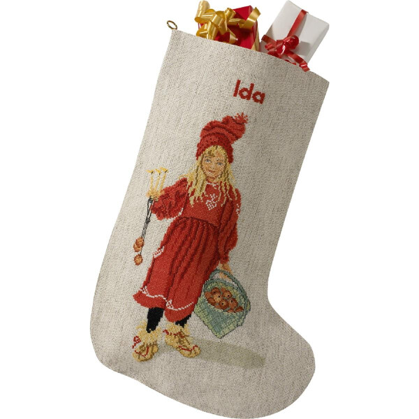 Eva Rosenstand set calze di Natale a punto croce "Ragazza con cestino", schema di conteggio, 29x44cm